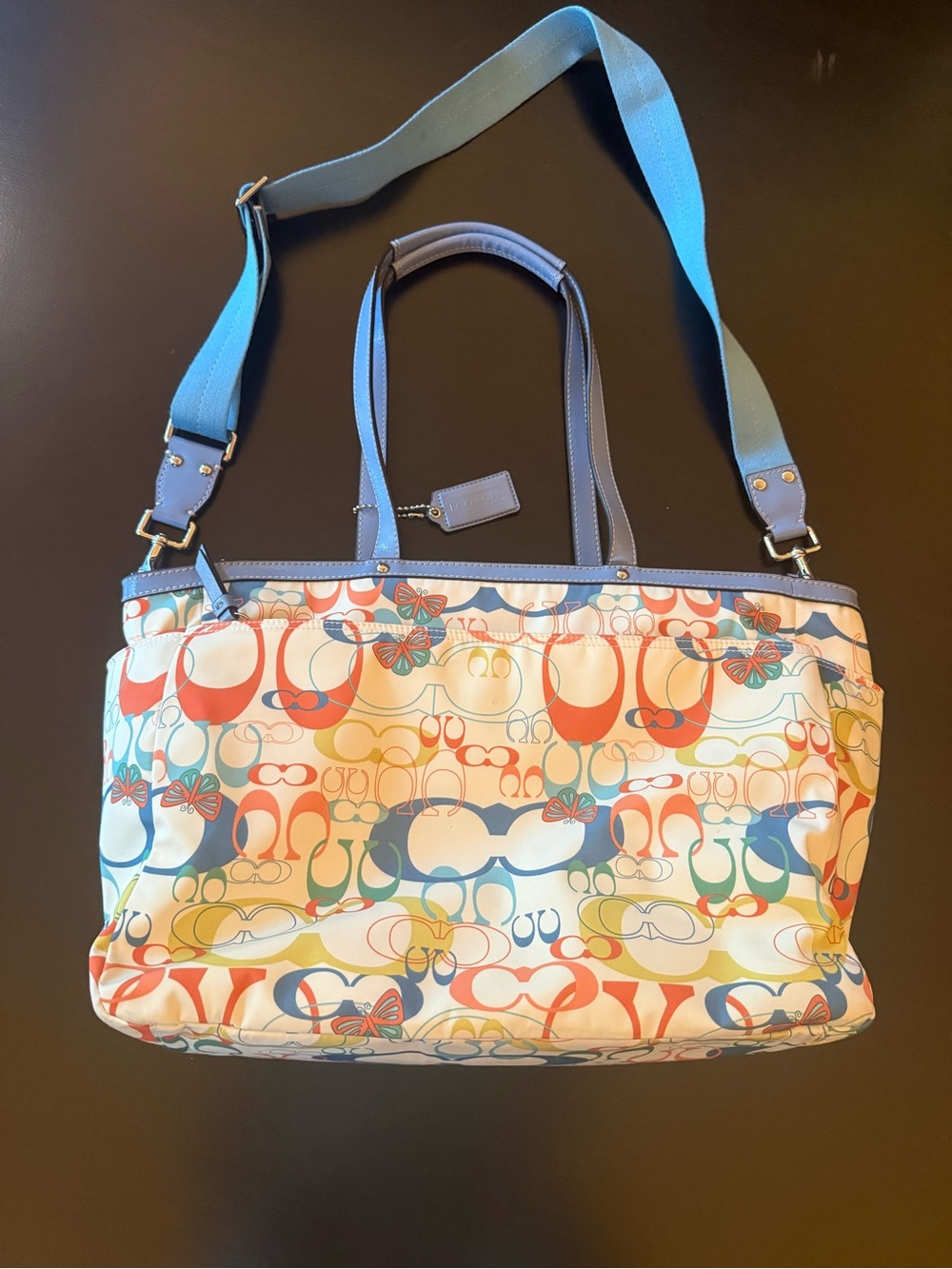 Coach Multicolor Signature butterfly print Diaperbag/ Tote with Blue Trim Straps